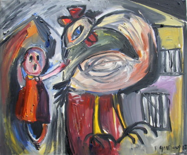 Painting titled "La poule" by Régine Gauthey, Original Artwork, Oil Mounted on Wood Stretcher frame