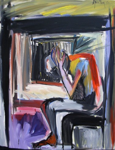 Painting titled "Enfermement" by Régine Gauthey, Original Artwork, Oil Mounted on Wood Stretcher frame