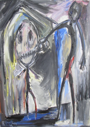 Painting titled "Deux personnages" by Régine Gauthey, Original Artwork, Oil Mounted on Wood Stretcher frame