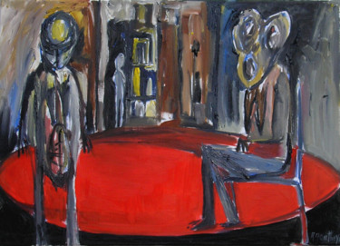 Painting titled "Attente" by Régine Gauthey, Original Artwork, Oil Mounted on Wood Stretcher frame