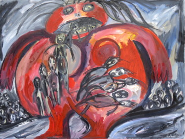 Peinture intitulée "Les réfugiés" par Régine Gauthey, Œuvre d'art originale, Huile Monté sur Châssis en bois