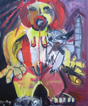 Painting titled "Femme rousse et chat" by Régine Gauthey, Original Artwork, Oil Mounted on Wood Stretcher frame
