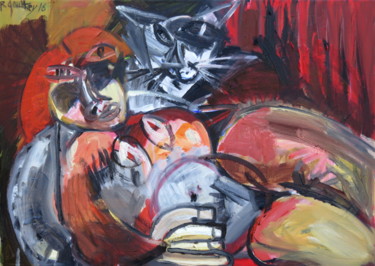 Peinture intitulée "Femme couchée et ch…" par Régine Gauthey, Œuvre d'art originale, Huile