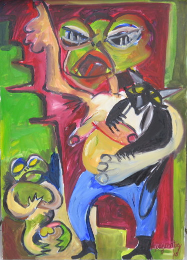 Картина под названием "Dans l'escalier" - Régine Gauthey, Подлинное произведение искусства, Масло Установлен на Деревянная р…