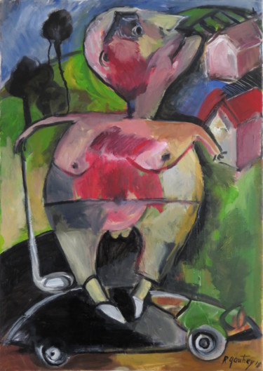 Painting titled "Le golfeur" by Régine Gauthey, Original Artwork, Oil Mounted on Wood Stretcher frame