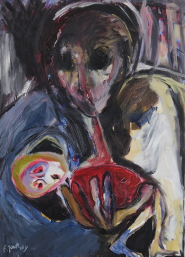 Schilderij getiteld "Mère et enfant" door Régine Gauthey, Origineel Kunstwerk, Olie Gemonteerd op Frame voor houten brancard