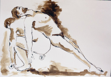 Dessin intitulée "2 hommes qui dansent" par Isabelle Gauvin, Œuvre d'art originale, Encre