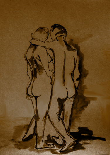 Dessin intitulée "Couple de dos" par Isabelle Gauvin, Œuvre d'art originale, Encre