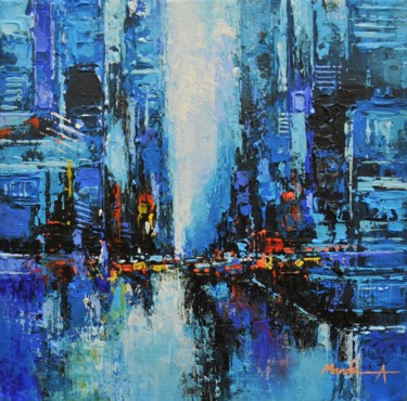 Painting titled "Blue Night" by Ahmed Mande, Original Artwork, Acrylic Mounted on Wood Stretcher frame