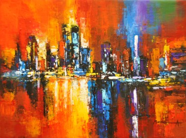 Картина под названием "Manhattan (United S…" - Ahmed Mande, Подлинное произведение искусства, Акрил Установлен на Деревянная…