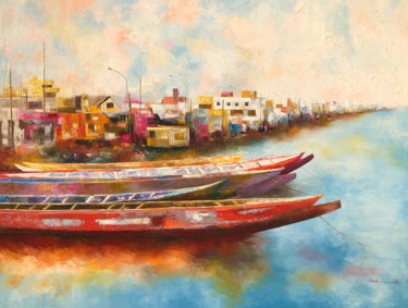 Painting titled "Fishing Town" by Ahmed Mande, Original Artwork, Acrylic