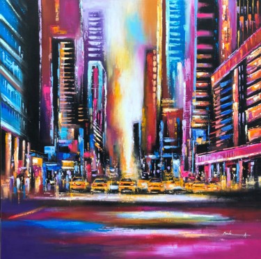 Painting titled "New York Rush Hour" by Ahmed Mande, Original Artwork, Acrylic Mounted on Wood Stretcher frame