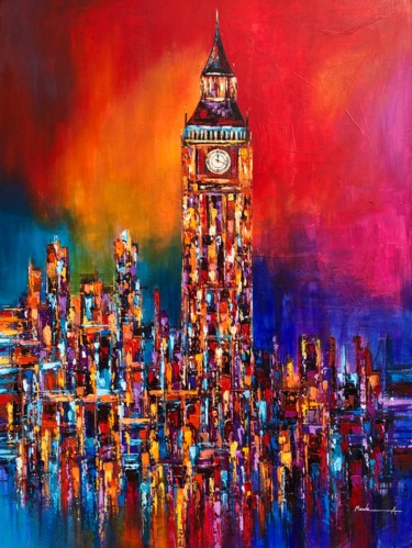 Painting titled "Big Ben Clock Tower…" by Ahmed Mande, Original Artwork, Acrylic Mounted on Wood Stretcher frame