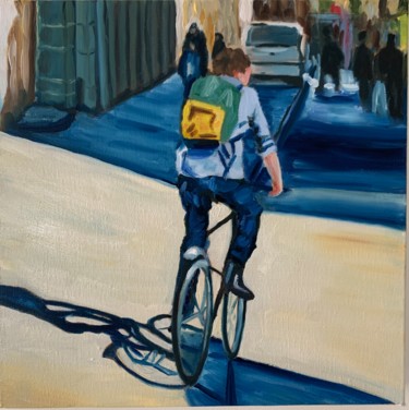 Painting titled "A bicyclette ..." by Olga Gay, Original Artwork, Oil Mounted on Wood Stretcher frame