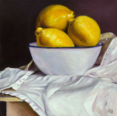 Malerei mit dem Titel ""Lemons in a Bowl"" von Gayathri Seshadri, Original-Kunstwerk, Öl