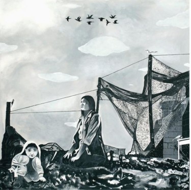 Schilderij getiteld "after a siege" door Gayatri Artist, Origineel Kunstwerk
