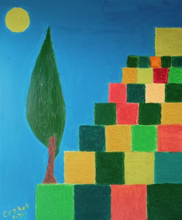 Painting titled "Cypress on an itali…" by Gazkob, Original Artwork, Acrylic Mounted on Wood Stretcher frame