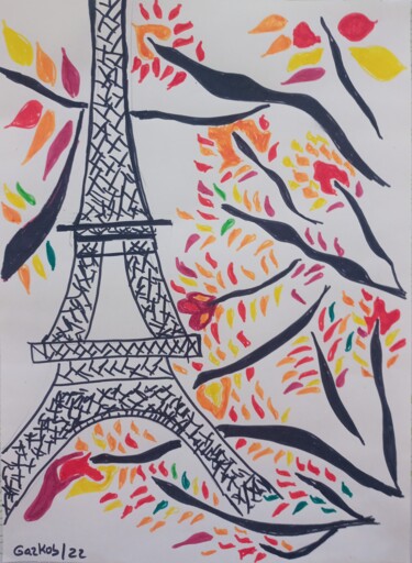 Drawing titled "Autumn in Paris" by Gazkob, Original Artwork, Marker
