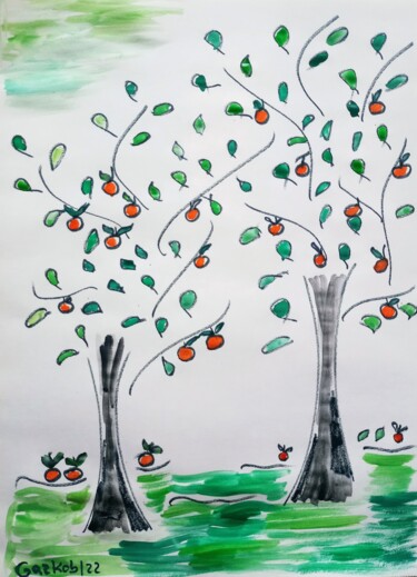 Painting titled "The orange trees- o…" by Gazkob, Original Artwork, Watercolor