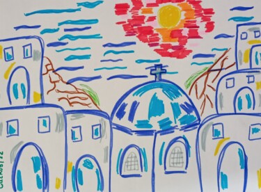 Desenho intitulada "Santorini" por Gazkob, Obras de arte originais, Marcador