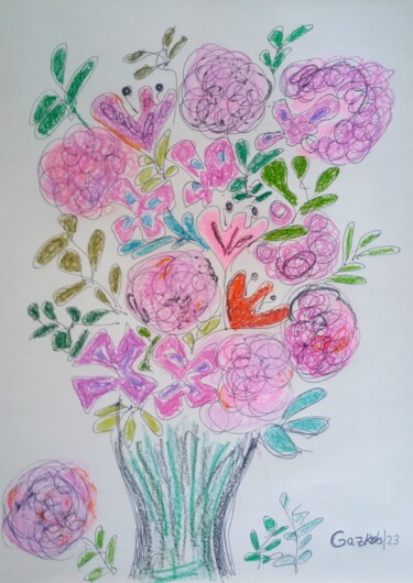 Drawing titled "Spring Bouquet II/…" by Gazkob, Original Artwork, Ballpoint pen Mounted on Wood Panel