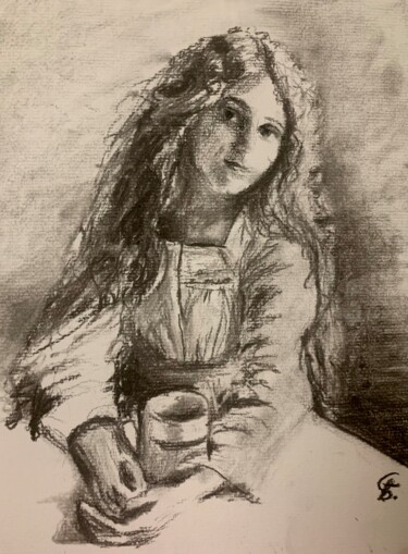 Tekening getiteld "Girl with tea" door Gázsity Barbara, Origineel Kunstwerk, Houtskool