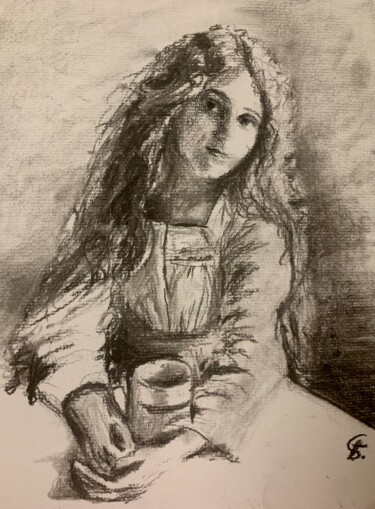 Drawing titled "Girl with tea" by Gázsity Barbara, Original Artwork, Charcoal