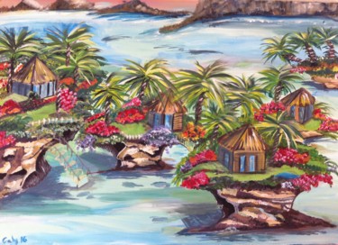 Painting titled "Village imaginaire" by Galy, Original Artwork, Acrylic