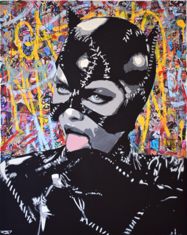 Painting titled "Catwoman" by G. Carta, Original Artwork, Acrylic Mounted on Wood Stretcher frame
