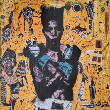 Painting titled "Basquiat 1" by G. Carta, Original Artwork, Collages Mounted on Wood Panel