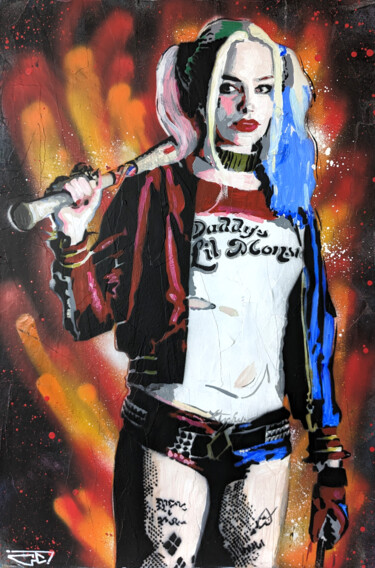 Painting titled "Harley Quinn" by G. Carta, Original Artwork, Acrylic Mounted on Wood Stretcher frame