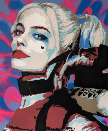 Painting titled "Harley Quinn 2" by G. Carta, Original Artwork, Stencil Mounted on Wood Stretcher frame