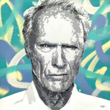Peinture intitulée "Clint Eastwood fond…" par G. Carta, Œuvre d'art originale, Pochoir