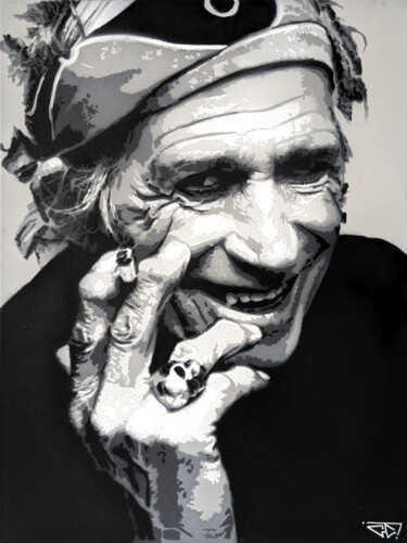Painting titled "Keith Richards (The…" by G. Carta, Original Artwork, Stencil Mounted on Wood Stretcher frame