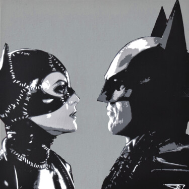 Painting titled "Batman et Catwoman" by G. Carta, Original Artwork, Acrylic Mounted on Wood Stretcher frame