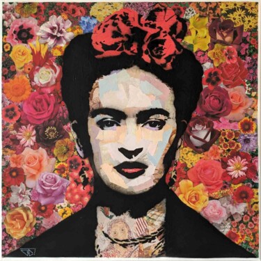 Collages titled "Frida Kahlo 50x50" by G. Carta, Original Artwork, Collages Mounted on Wood Stretcher frame
