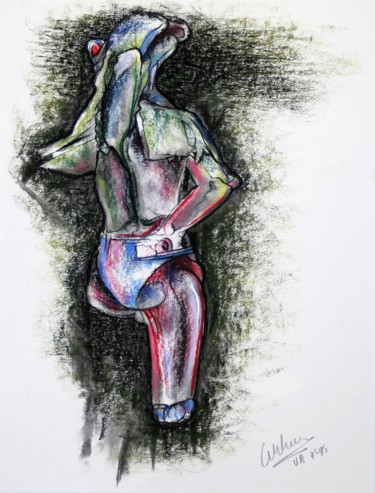 Drawing titled "With frog tronie to…" by Gerrit Cnossen, Original Artwork, Pastel Mounted on Cardboard