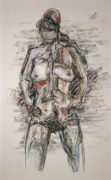 Tekening getiteld "With the aggressive…" door Gerrit Cnossen, Origineel Kunstwerk, Pastel Gemonteerd op Karton