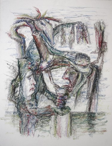 Σχέδιο με τίτλο "The boring clown wi…" από Gerrit Cnossen, Αυθεντικά έργα τέχνης, Παστέλ Τοποθετήθηκε στο Ξύλινο φορείο σκελ…