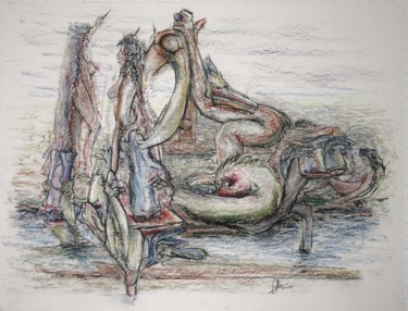 Ζωγραφική με τίτλο "The scissors  cut t…" από Gerrit Cnossen, Αυθεντικά έργα τέχνης, Παστέλ Τοποθετήθηκε στο Χαρτόνι