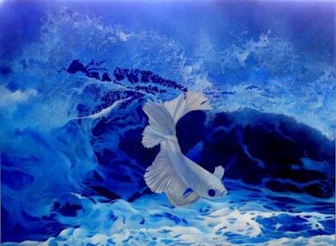 Painting titled "le poisson d'argent" by Gisiane Desabliaux, Original Artwork, Oil Mounted on Wood Stretcher frame