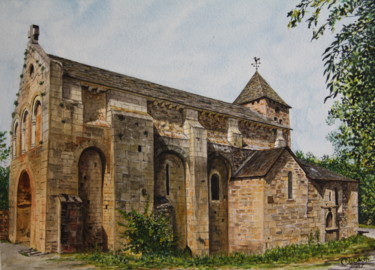 Painting titled "Eglise de Canac" by Gérard Nicaud, Original Artwork, Watercolor