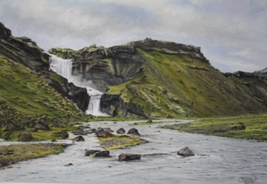 Peinture intitulée "Cascade Islandaise." par Gérard Nicaud, Œuvre d'art originale, Pastel