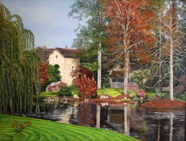 Painting titled "Le parc de Courance…" by Gérard Nicaud, Original Artwork, Oil Mounted on Wood Stretcher frame