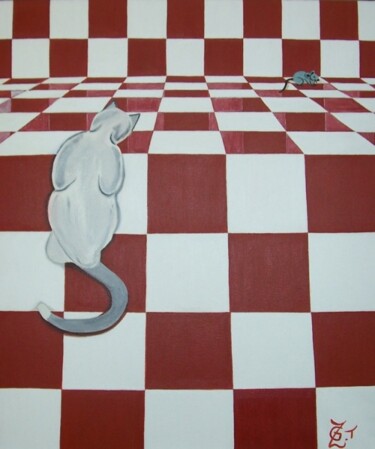 Painting titled "cat and mouse" by Gea Zwanink, Original Artwork, Oil