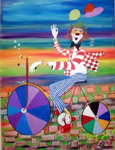 Painting titled "clown on bicycle" by Gea Zwanink, Original Artwork
