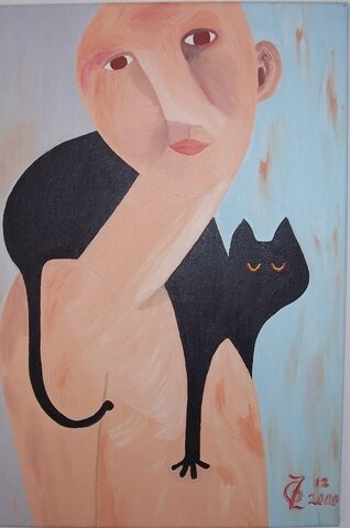 Painting titled "Man with black cat" by Gea Zwanink, Original Artwork