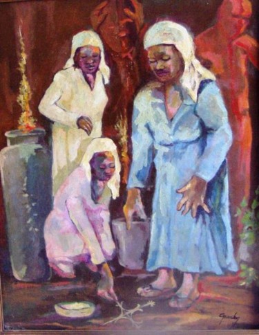 Painting titled "Vêvê  ceremony" by Roger Geaniton, Original Artwork, Other