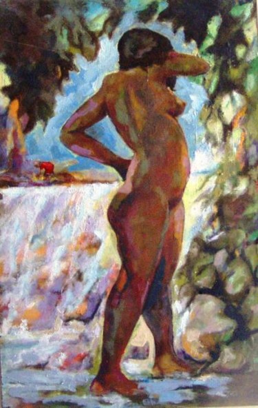 Painting titled "At the waterfall" by Roger Geaniton, Original Artwork, Oil