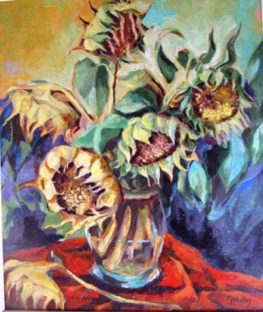 Painting titled "Sunflowers" by Roger Geaniton, Original Artwork, Oil